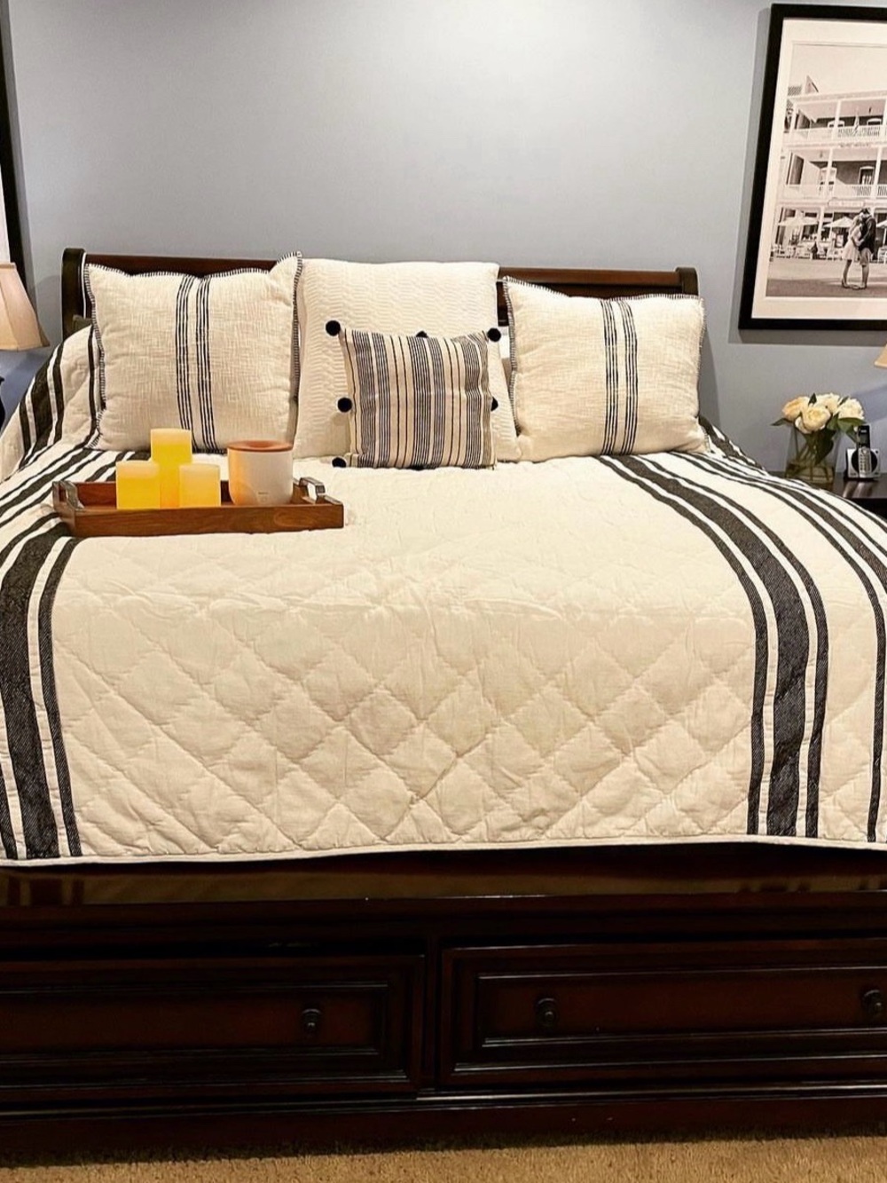 Pottery Barn Classic Stripe Quilted Bedspread Set in Cream and Black